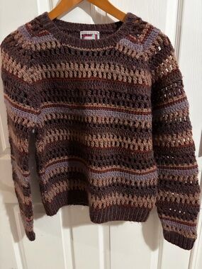 Scotland Yard Handmade Crochet-Style Brown Striped Crewneck Sweater